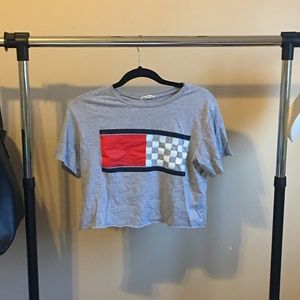 cropped, grey t-shirt